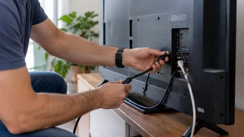 Persona desconectando los cables de la parte trasera de un televisor antes de retirarlo