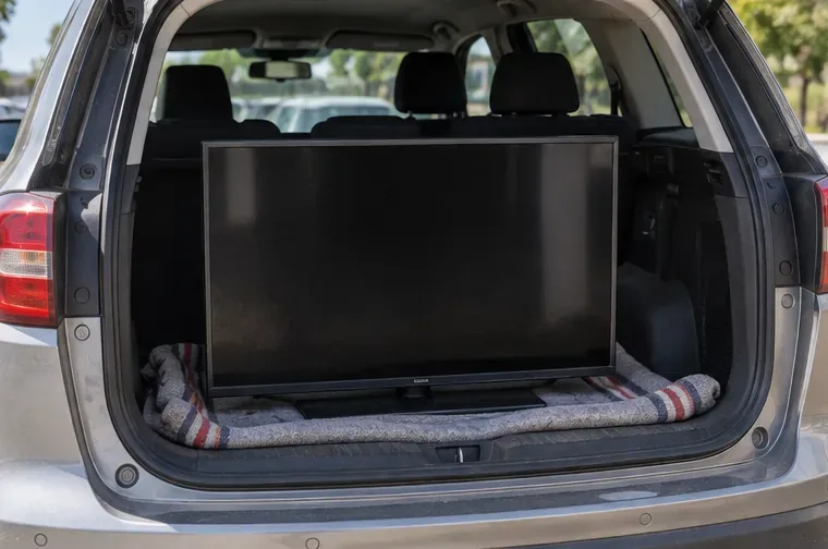 Un televisor de pantalla plana colocado verticalmente sobre una manta dentro del maletero de un coche