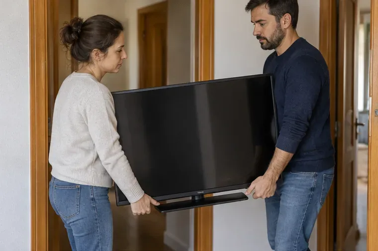 Dos personas transportan con cuidado un televisor de pantalla plana por el pasillo de una vivienda