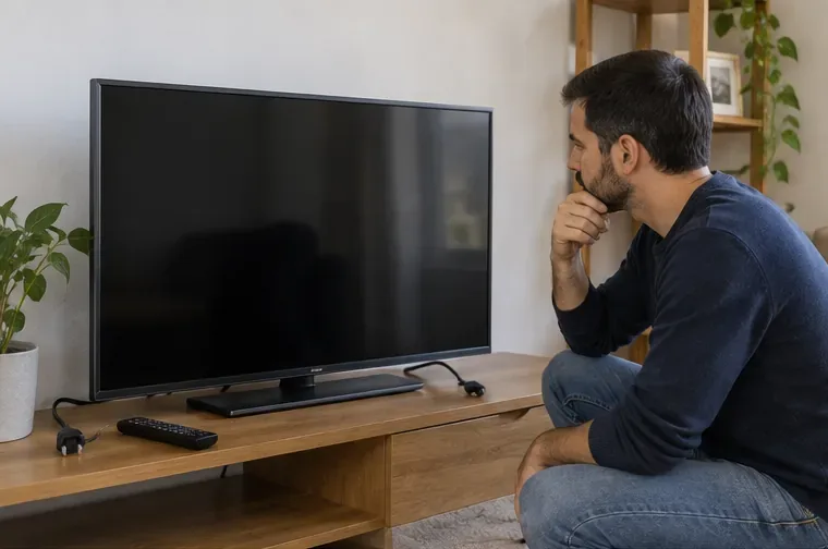 Un hombre observa un televisor de pantalla plana apagado sobre un mueble antes de decidir cómo desecharlo