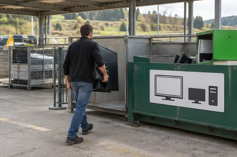 Persona llevando un televisor de pantalla plana hacia una zona señalizada para aparatos eléctricos en una instalación de reciclaje