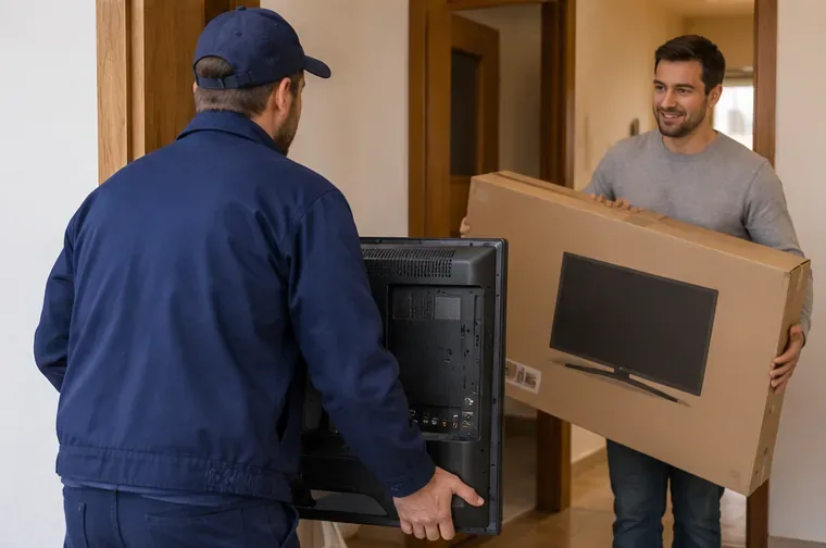 Repartidor sosteniendo un televisor antiguo mientras una persona recibe en casa una caja de televisor nuevo