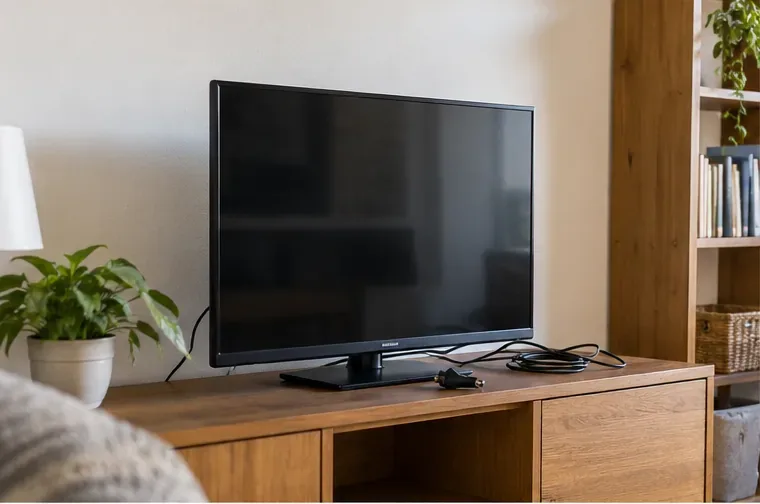 Televisor de pantalla plana apagado sobre un mueble de salón, preparado para ser desconectado y retirado