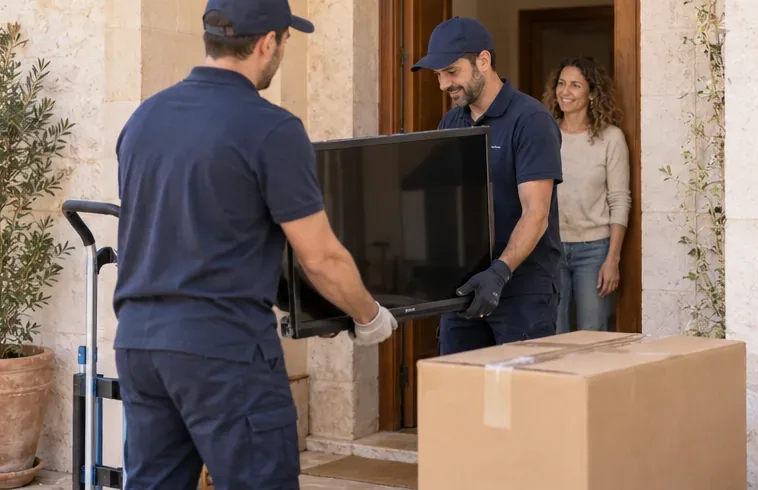 Dos trabajadores retiran un televisor antiguo de una vivienda mientras se entrega una caja de un aparato nuevo.