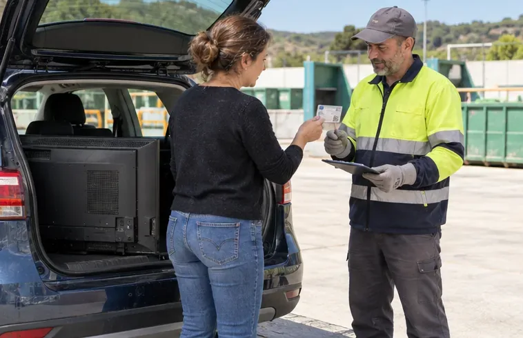 Una residente muestra su documento de identidad a un trabajador junto a un televisor colocado en el maletero de un coche.