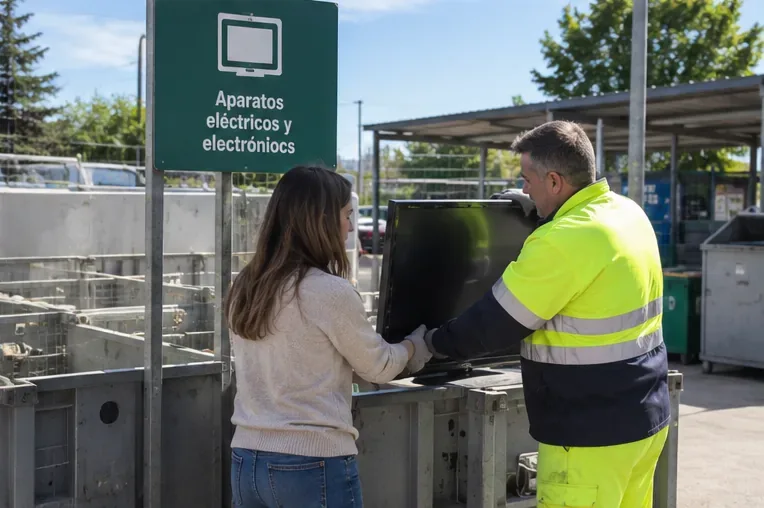 Persona entregando un televisor a un trabajador en una zona de recogida de aparatos eléctricos y electrónicos