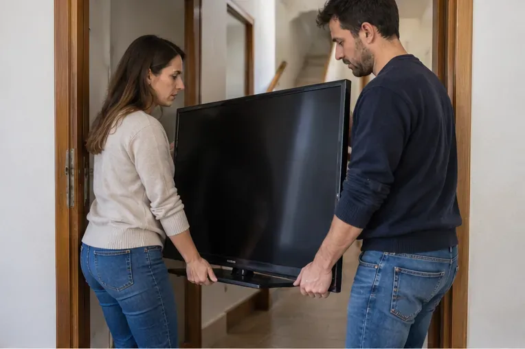 Dos personas transportando con cuidado un televisor de pantalla plana por una puerta interior