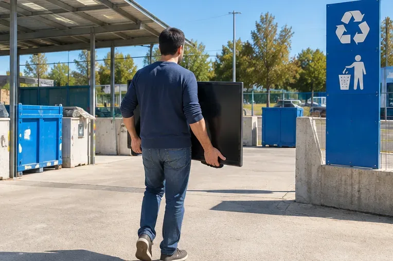 Persona transportando un televisor hacia una instalación de recogida de residuos con contenedores