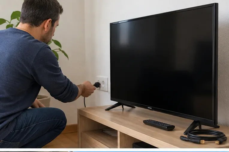 Persona desenchufando un televisor de pantalla plana antes de retirarlo del mueble
