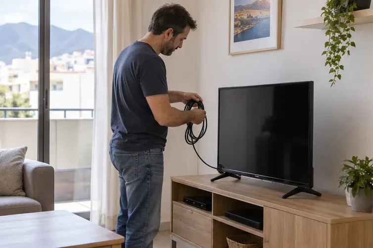 Persona desenchufando un televisor de pantalla plana y recogiendo el cable antes de transportarlo