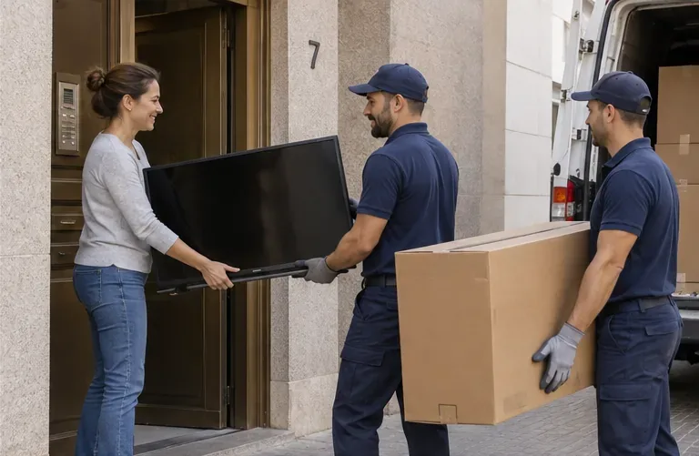 Una residente entrega un televisor de pantalla plana a personal de reparto junto a una caja de un aparato nuevo