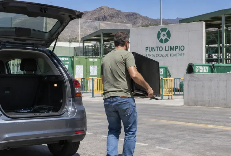 Persona sacando un televisor de un coche frente a una instalación de punto limpio