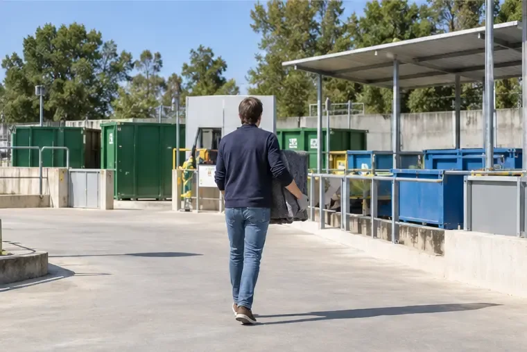 Persona llevando un televisor protegido hacia una zona ordenada de contenedores de un centro municipal de reciclaje