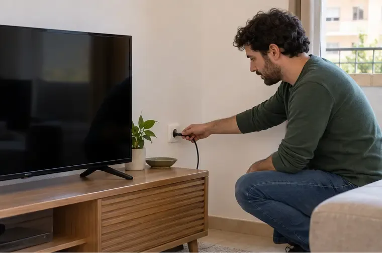 Una persona desenchufa un televisor apagado antes de prepararlo para su retirada
