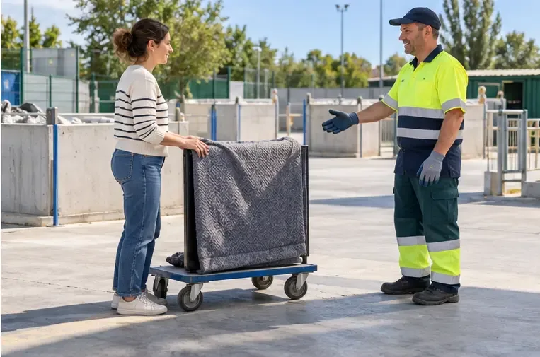 Una persona deja un televisor cubierto en un carro mientras un trabajador del centro de reciclaje la orienta