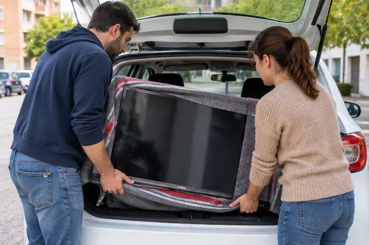 Dos personas cargando un televisor protegido con una manta en el maletero de un coche