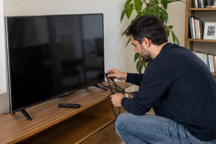 Persona desconectando un televisor plano antes de trasladarlo para su entrega como residuo electrónico