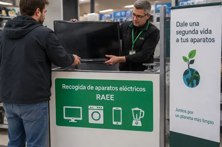 Cliente entregando un televisor a un empleado en un punto de recogida de aparatos eléctricos RAEE de una tienda