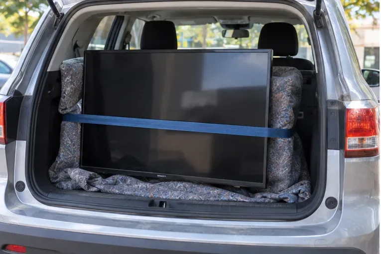 Un televisor de pantalla plana colocado verticalmente en el maletero, protegido con mantas y sujeto con una cinta.
