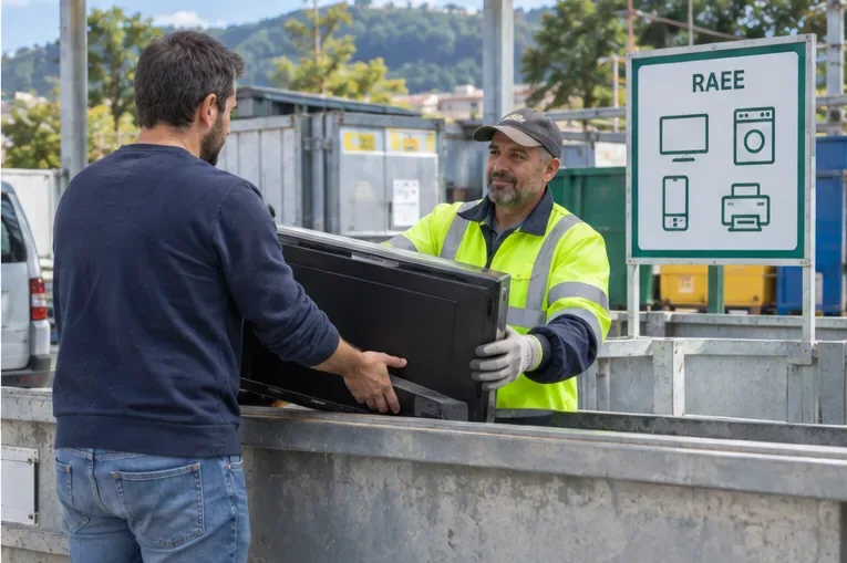 Una persona entrega un televisor completo a un operario en una zona señalizada para residuos de aparatos eléctricos y electrónicos.