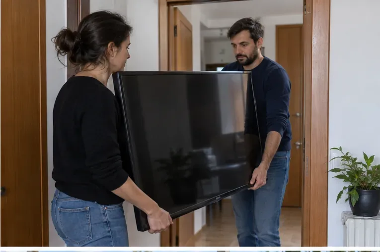 Dos personas trasladan con cuidado un televisor grande a través de una puerta, sujetándolo por los laterales.