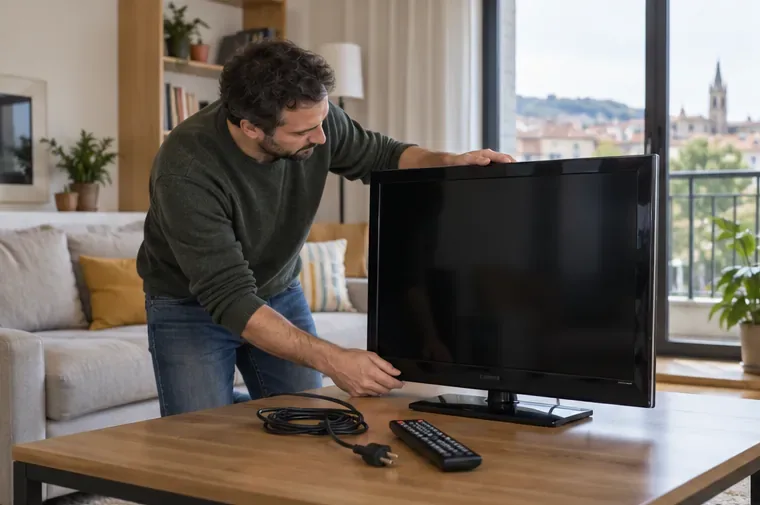 Persona examinando un televisor apagado sobre una mesa, con mando y cables a un lado.