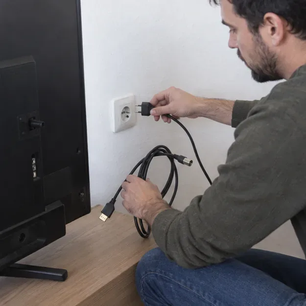 Un hombre desconecta el cable eléctrico del televisor y recoge los cables antes de trasladarlo.