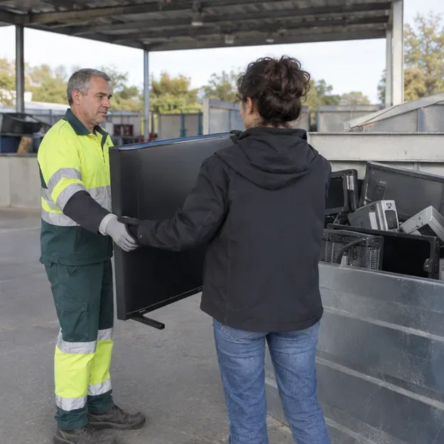 Una residente entrega un televisor a un trabajador, que señala la zona de recogida separada de aparatos electrónicos.