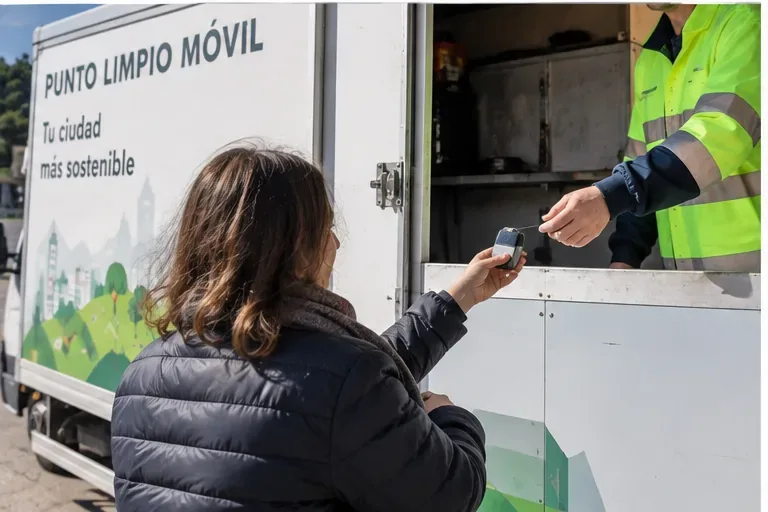 Persona entregando una batería pequeña al personal de un punto limpio móvil