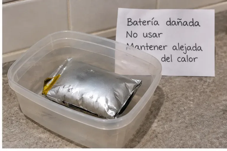 Batería de litio hinchada aislada en un recipiente, con un aviso visible para no usarla y mantenerla alejada del calor