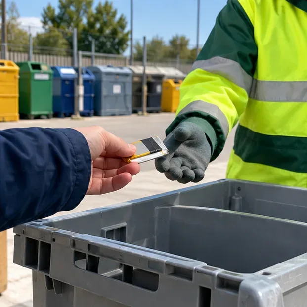 Una persona entrega una batería portátil a un trabajador en una instalación de recogida de residuos