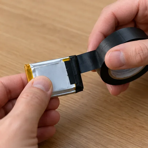 Primer plano de una batería pequeña cuyos contactos se cubren con cinta aislante negra