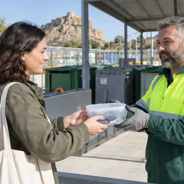 Ciudadana entregando una caja con baterías usadas a un trabajador de un ecoparque municipal