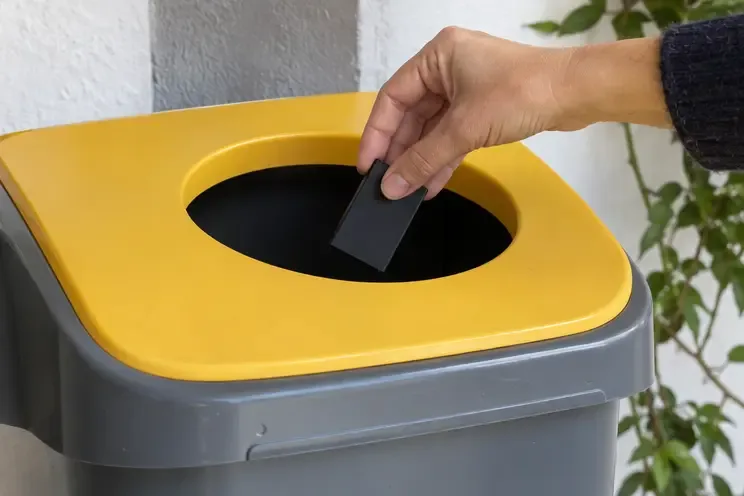 Una mano deposita una batería intacta en un contenedor sencillo sin rótulos visibles