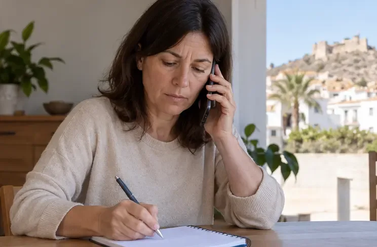 Una persona llama por teléfono y toma notas sobre la gestión de una batería dañada