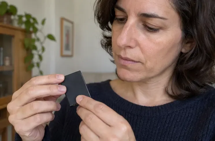 Una persona observa una batería extraíble sin tocar sus contactos expuestos