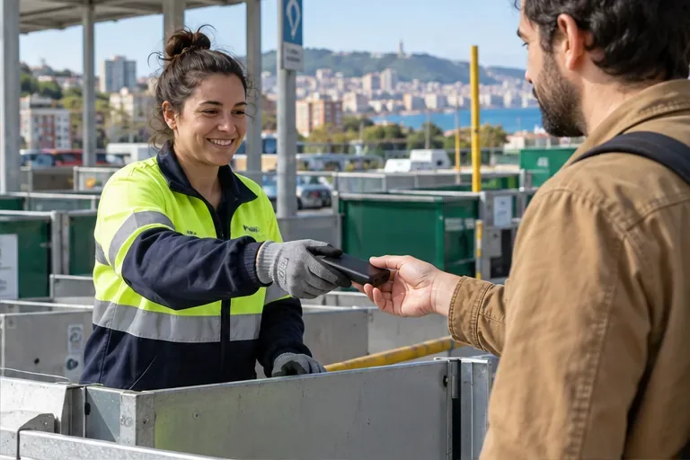 Vecino entregando una batería portátil a una trabajadora de un punto municipal de reciclaje