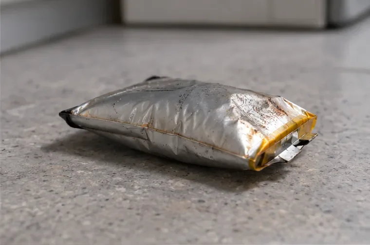 Batería tipo pouch de litio visiblemente hinchada sobre una superficie mineral no combustible