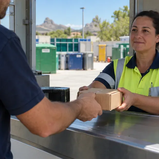 Persona que entrega una caja pequeña al personal de un punto limpio con instalaciones de reciclaje al fondo.