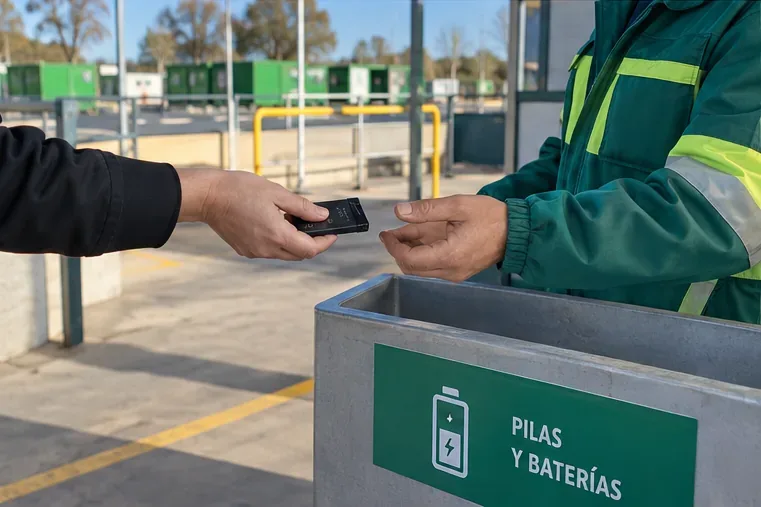 Una persona entrega una batería de ion-litio a un trabajador junto a un contenedor señalizado para pilas y baterías en un punto de recogida.