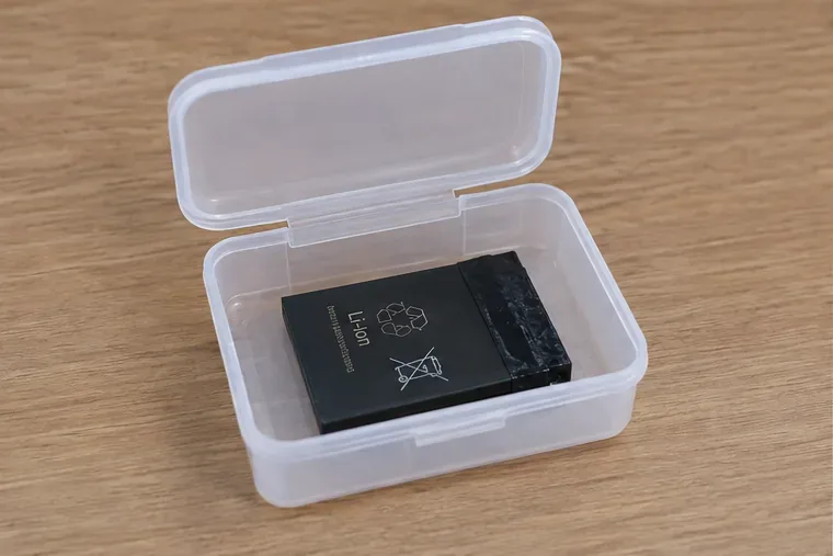 Una batería de ion-litio aislada dentro de un pequeño recipiente de plástico no metálico para trasladarla separada de otros objetos.