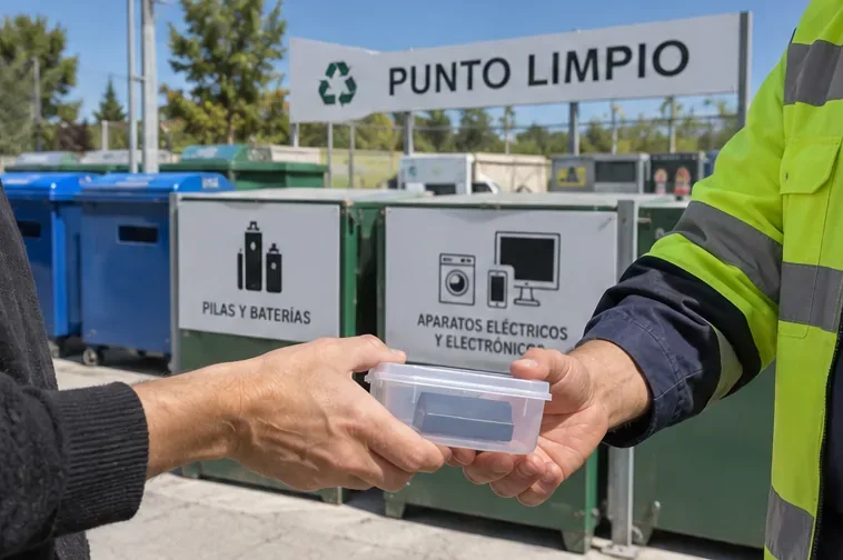 Una persona entrega una batería dentro de una caja pequeña a un trabajador en un punto limpio con contenedores de pilas y aparatos eléctricos