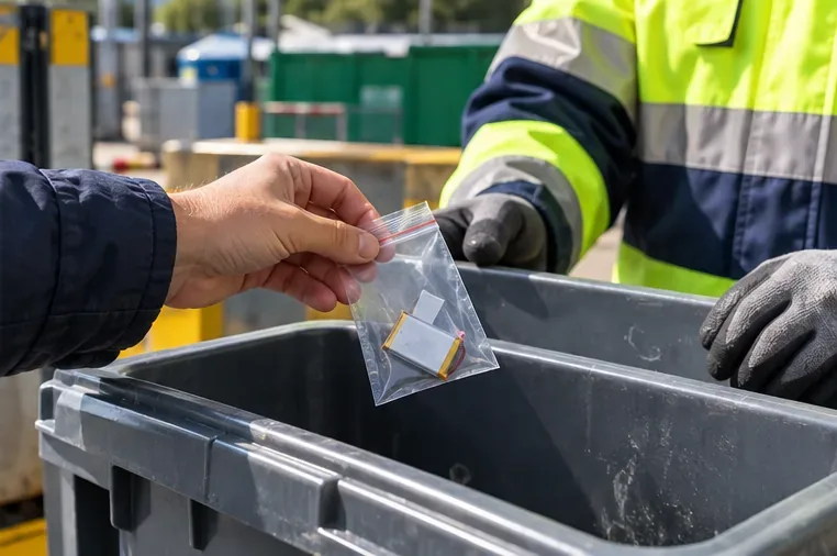 Una persona entrega una pequeña batería protegida a un trabajador en una instalación de recogida de residuos