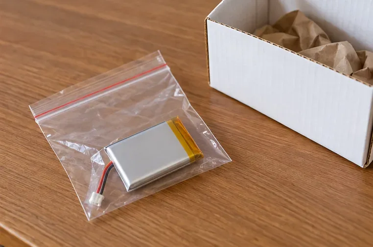 Una pequeña batería de litio separada dentro de una bolsa transparente, junto a una caja de cartón con material de relleno