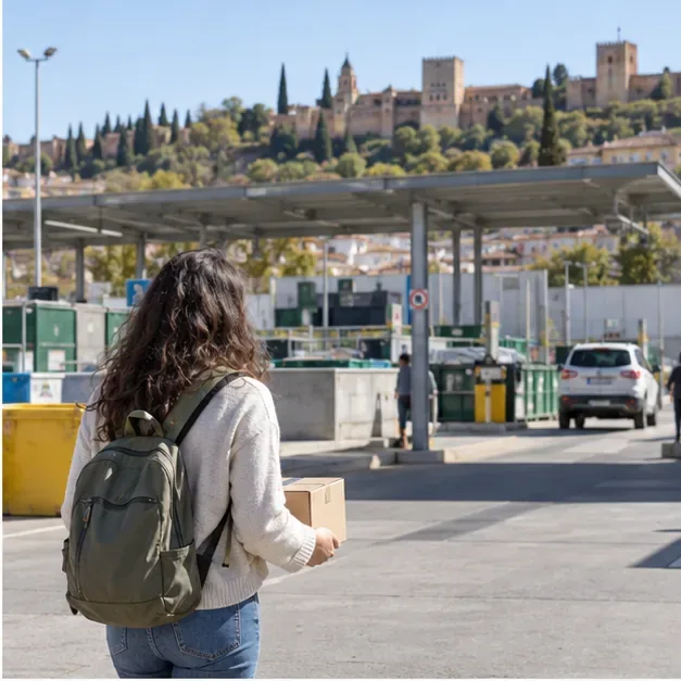 Persona lleva una caja pequeña hacia un punto limpio en un entorno urbano de Granada