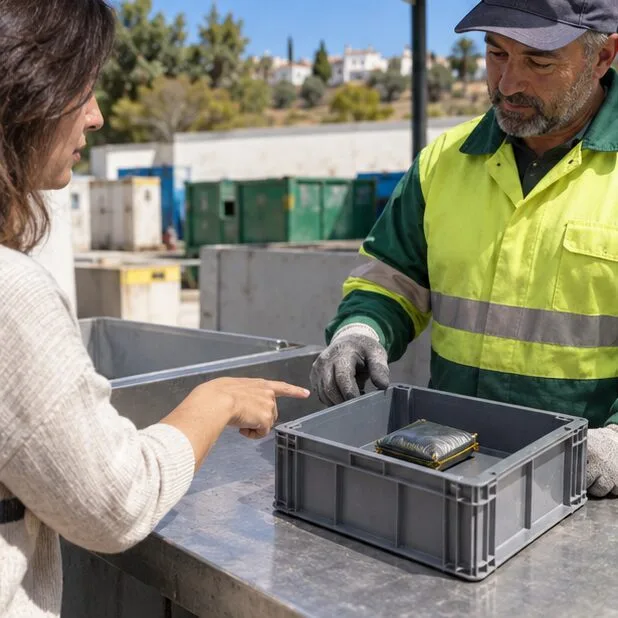 Una trabajadora con chaleco de seguridad recibe una batería dañada en una caja separada mientras una residente la señala