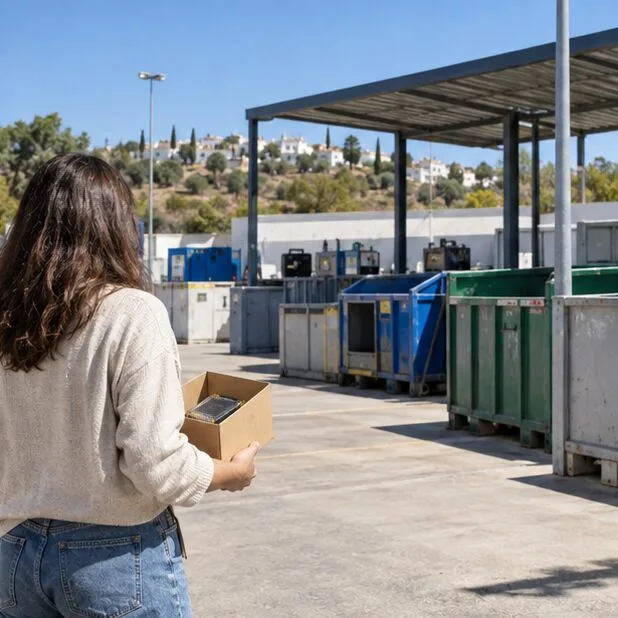 Una residente llega con una caja a una instalación municipal de recogida con contenedores separados