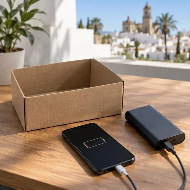Una caja vacía junto a un teléfono y una batería externa desconectados sobre una mesa