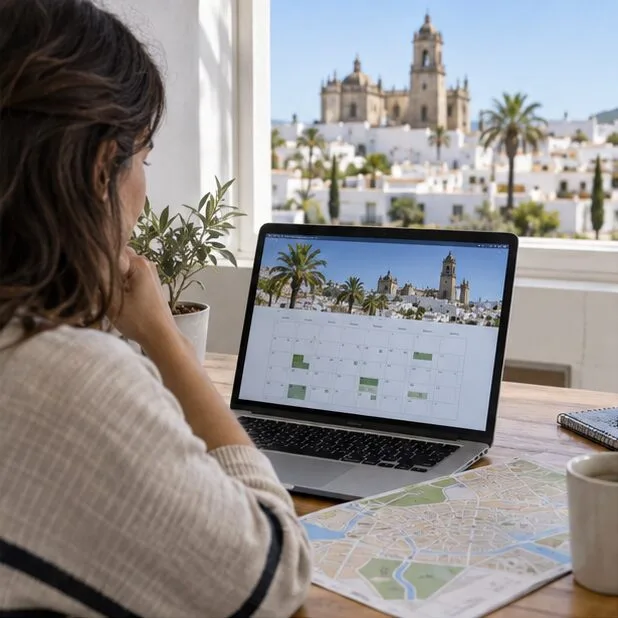 Una residente consulta en un portátil un calendario y un mapa de Jerez mientras comprueba una fecha de recogida