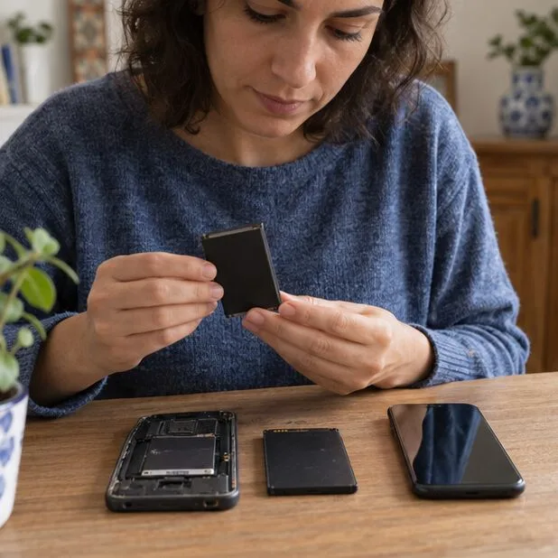 Persona identificando una batería extraíble junto a un teléfono desmontado y otro teléfono cerrado sobre una mesa